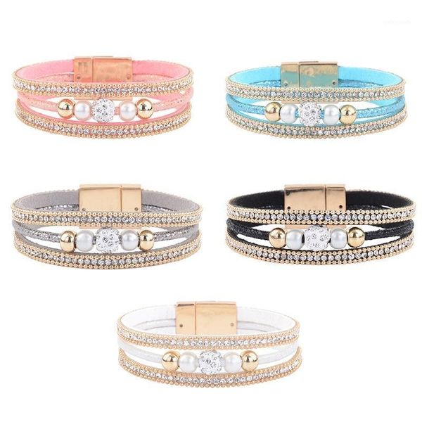 

bangle women's multi-layer bracelet crystal bead leather magnetic wristband female bracelet1, Black