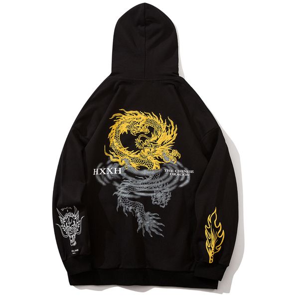 

2021 new hip hop dragon graphic streetwear harajuku sweatshirt winter pullover cotton black hoodie men oversized pf9b