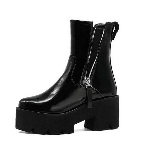 

patent pu leather women ankle boots platform thick heel women motorcycle boots zipper autumn winter big size 34-43, Black