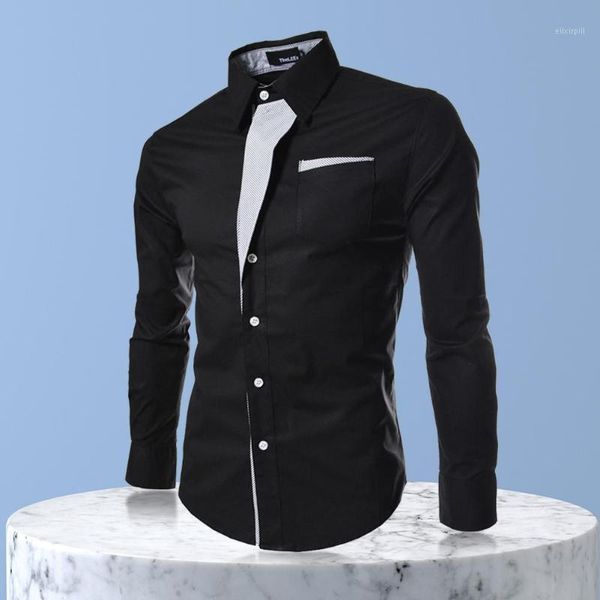 

men solid long-sleeves autumn male business stitching stylish shirt1, White;black