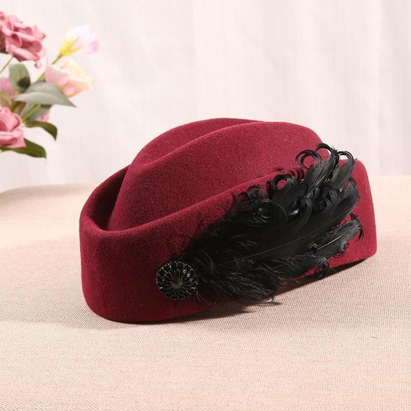 

winter british stewardess pillbox caps korean women feather decorated beret 100% wool felt fascinator fedora hat 54-56cm 56-58cm1, Blue;gray