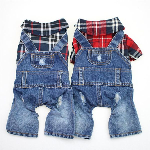 

fashion plaid denim pet dog jumpsuit jeans tracksuit for small large dogs winter clothes for yorkies cowboy costume xs-xxl 10a