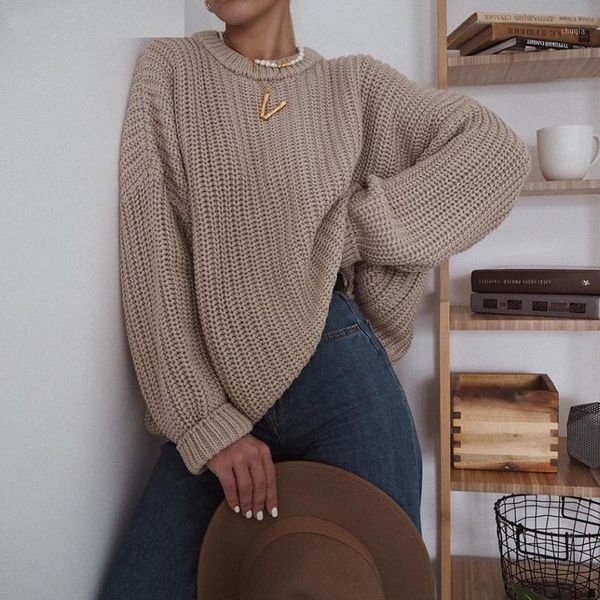 

2020 autumn women solid sweater elegant o-neck loose female knitted sweater casual long sleeve warm oversized pullover jumpers1, White;black