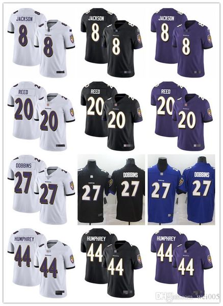 

mens womens youth baltimore ravens 8 lamar jackson 27 j.k. dobbins 20 ed reed 44 marlon humphrey football jerseys, Black;red