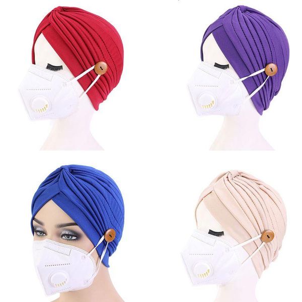 

women solid color bonnet hat with wooden button mask holder twist knotted anti-tight ear protection turban cap, Blue;gray