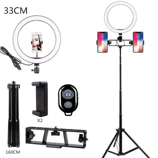 

flash heads 13inch/33cm selfie ring light with 160cm tripod 3 phone holder dimmable pography lamp for youtube tik tok video makeup