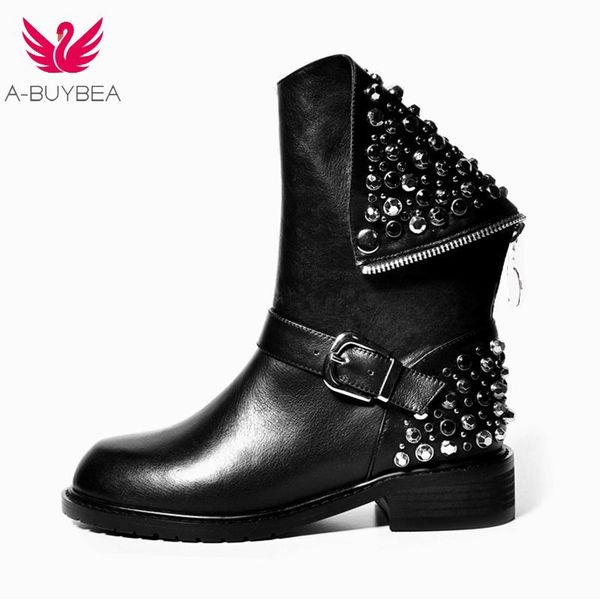 

boots a-buybea genuine leather women fashion rivets square heels autumn winter ankle fur snow hip-hop black