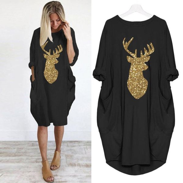 

womens plus size loose dress ladies o neck long pocket christmas elk print dress vestido de mujer @40, Black;gray