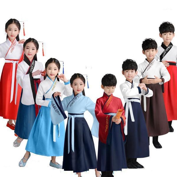 

traditional chinese clothing for baby girls kids ancient costumes hanfu coat stage performance boys tang suit dance dress outfit1, Black;red