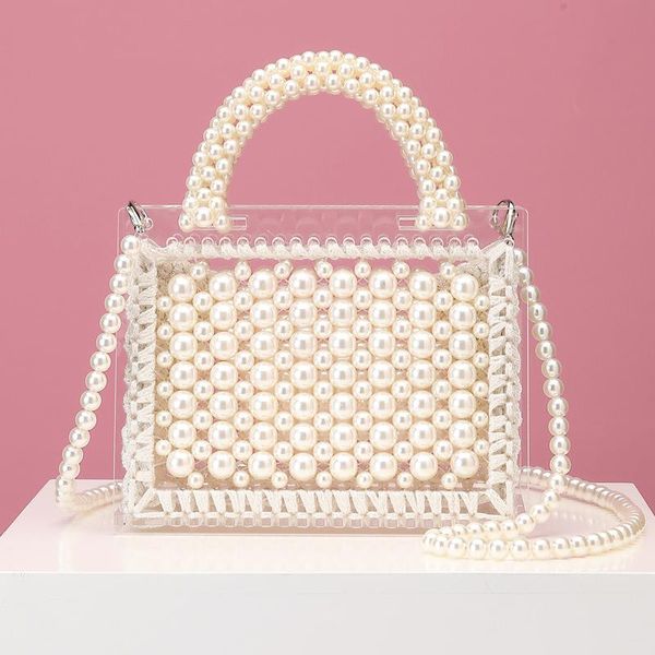 

caker women pearl beaded transparent beach bags white pink clear crossbody bags day clutches