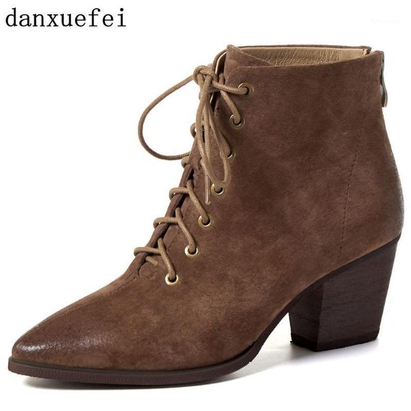 

boots women's genuine suedde leather thick high heel autumn ankle retro lace-up short booties quality shoes1, Black