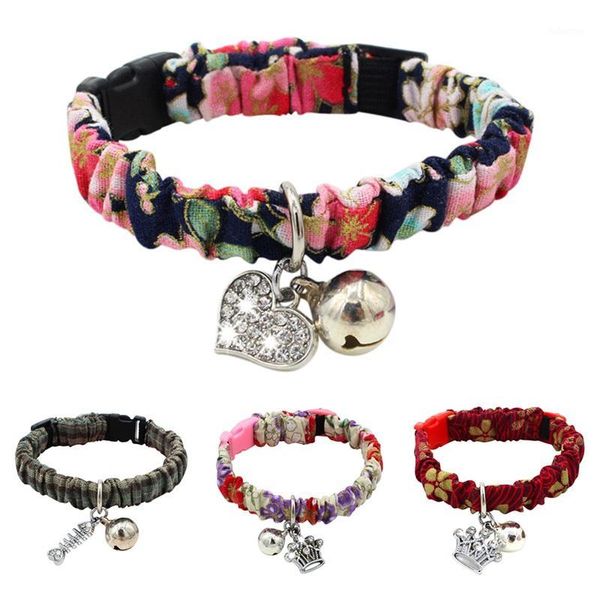 

dog cat decor retro fabric cat collar with bell elastic pet collar with wrinkle flower small dog chain tag pet supplies1