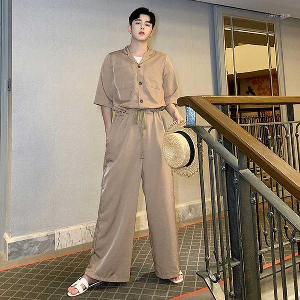 

men's pants trendy men's loose suit slim high waist japanese jumpsuit retro trend short sleeve one piece summer wide leg jumpsuit1, Black