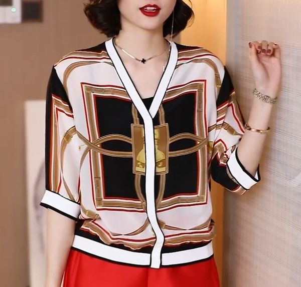 

t-shirt silkcoat silk women's summer 2020 new western style printed cardigan small coat loose v-neck mulberry silk middle sleeve xe, White;black