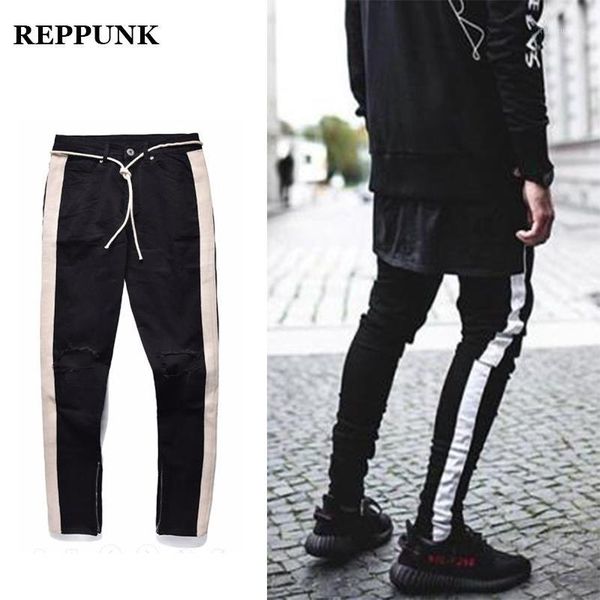 

reppunk 2018 fashion streetwear hiphop men jeans side zipper ripper male personality cotton destroyed swag elastic skinny pants1, Blue