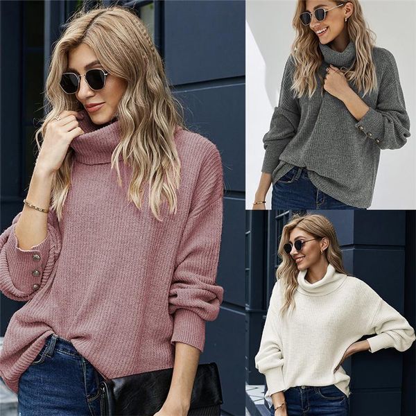 

plus size 2020 women thick sweater casual elegant turtleneck lantern sleeves loose pullovers winter white red gray knitting full, White;black