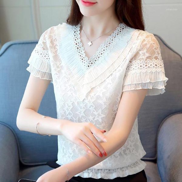 

spring summer style women lace blouses shirts lady casual short flare sleeve v-neck lace blusas dd89731, White