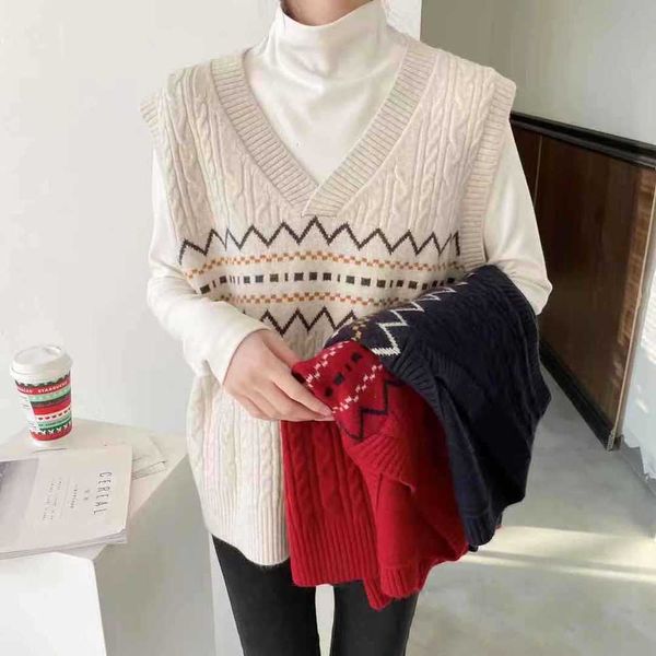

110016v collar, pullover, color matching, wavy twist knitted waistcoat, college coat, Black;white