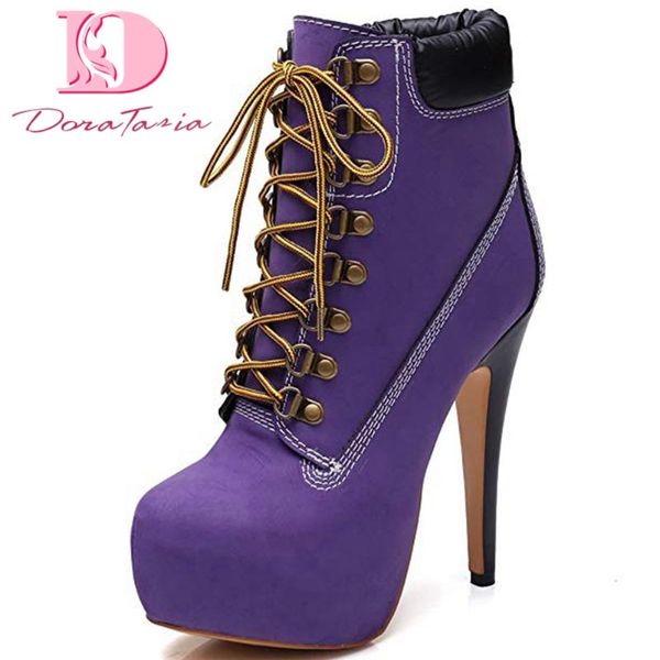 

doratasia plus size 34-46 new fashion female ankle boots lace up thin high heels cross tied boots women autumn party woman shoes, Black