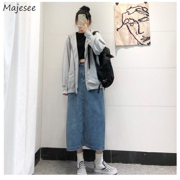 

skirts womens denim high waist a-line mid-calf solid button all-match retro classical college style students casual fashion chic, Black