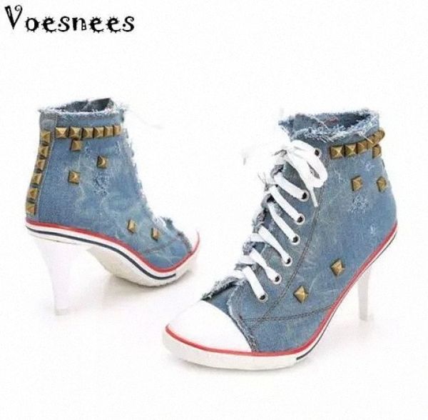 

2019 new women's shoes denim high heels rivets female canvas pumps lady's boots ankle lace-up thick heel and thin heels shoes #yt6, Black