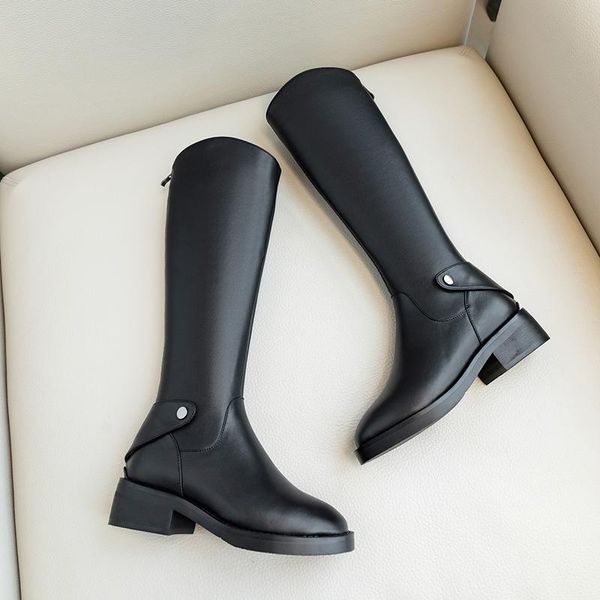 

2021 cow leather female big size riding boots 4.5cm med heels night club shoes woman winter warm long women knee high boots, Black