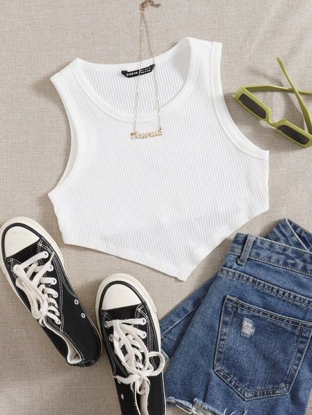 

asymmetrical hem rib-knit crop tank v3fi#, White