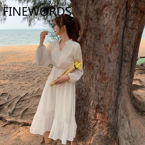 

finewords korean basic white vintage long sleeve dress v neck elegant chiffon dress sweet party dresses 2020 summer ropa mujer, Black;gray