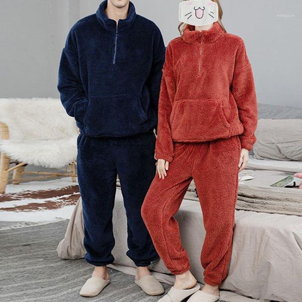 

autumn winter new thicken pajamas for couples plus velvet home men's clothing casual loose homewear female sleepwear 2 piece set1, Black;brown