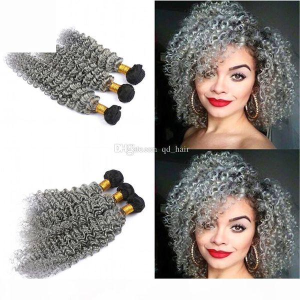 

ombre color silver grey deep wave hair weaves 3pcs unprocessed human hair weft deep curly 1b grey hair 3bundles extension, Black