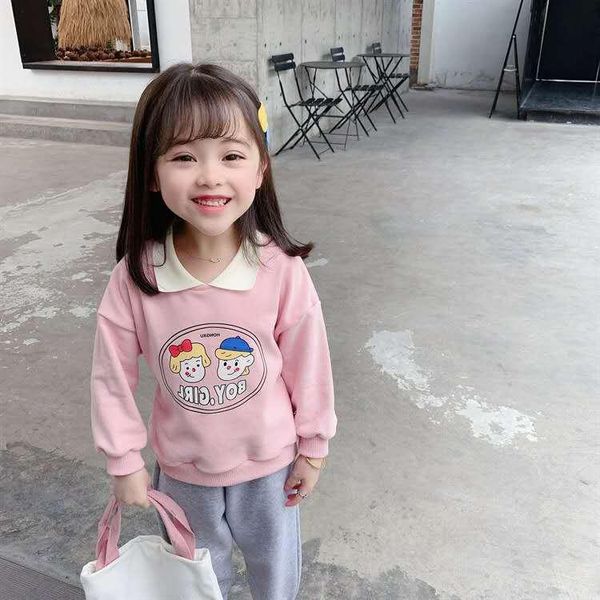 

girls 2020 new autumn clothes little girl lapel collar children's cartoon casual sweater girl's trendy bottoming sweater, Blue