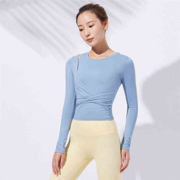 

women's t-shirt slim yoga cloth long sleeve brand running fitns cross back breathable quick drying sports t-shirt, White