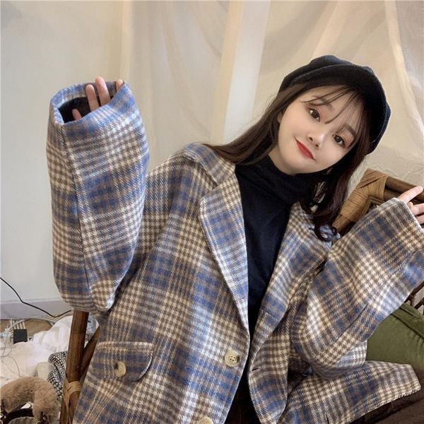

women's trench coats korean vintage pockets oversize plaid jacket coat women lapel collar long sleeve loose outerwear drop clothes, Tan;black