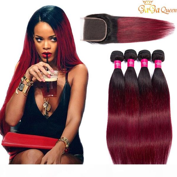 

two tone burgundy human hair bundles virgin peruvian malaysian straight ombre weaves with lace closure 1b 99j wine red colored extensions, Black;brown