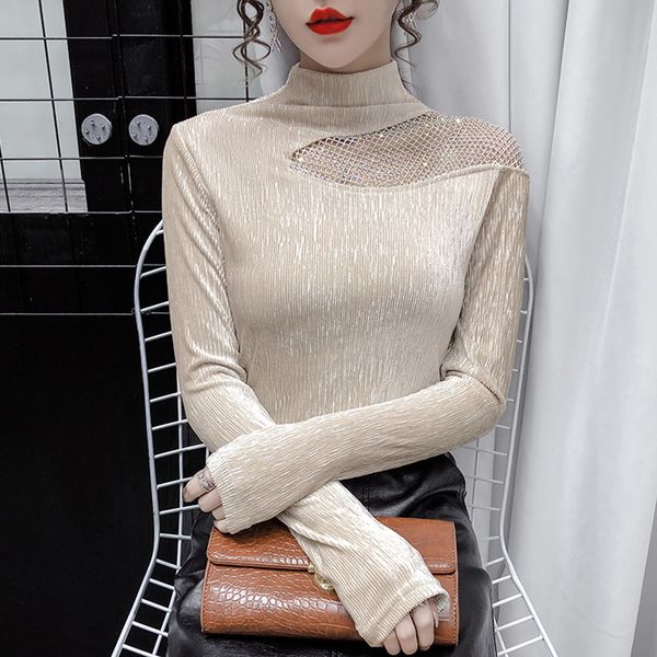 

2021 new korean version t-shirt spring autumn fashion strapless drilling all-match long sleeve high collar base 5rgy, White