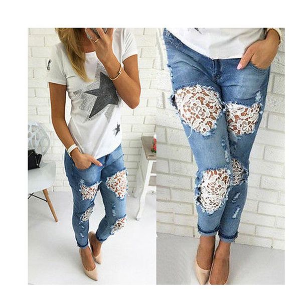 

women's jeans lace trousers 2021 spring summer embroidery push up pants ladies plus size 2xl, Blue