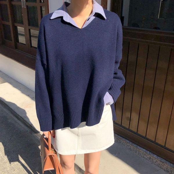 

spring and autumn women's casual v-neck pullover knitted long sleeve sweater female solid color jumpers, White;black
