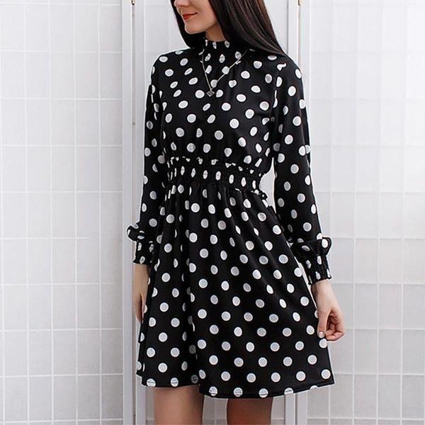 

normov polka dot a-line patchwork dress women elegant autumn winter dress casual clothes women mini high waist1, Black;gray