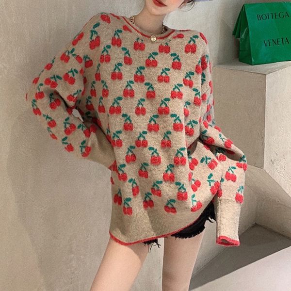 

2021 new korean version sweater autumn winter fashion loose lazy cherry jacquard round neck long sleeve 82km, White;black