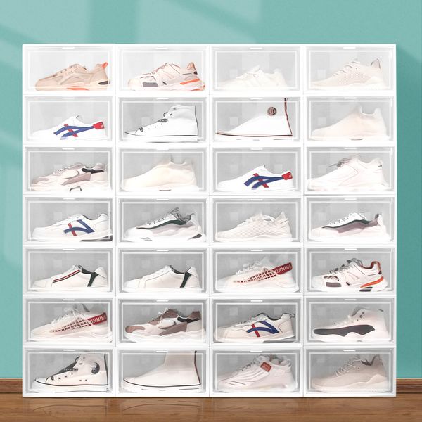 Scatola per scarpe da ginnastica in plastica trasparente addensata Scatola per scarpe antipolvere Scatole per scarpe trasparenti Flip Scatola per organizer per scarpe impilabili a tre colori