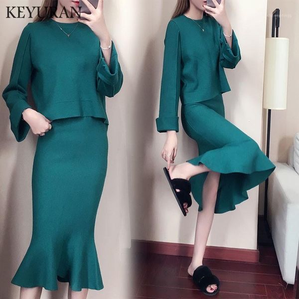 

2018 new women's tracksuit sweaters knitting package hip fishtail skirts 2 piece sets auntmun winter female dresses knitted suit1, Gray