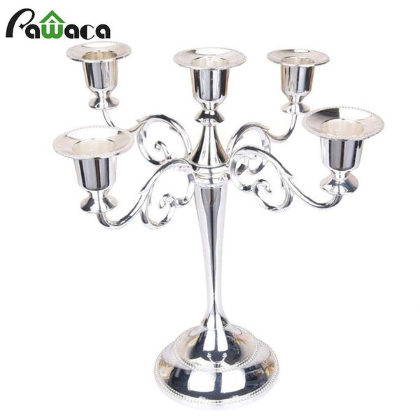 Prata/Ouro 3 5 Braços Castiçal de Metal Pilar Castiçal Suporte de Vela Branco Castiçal de Casamento Candelabro Stand Decor Y200109