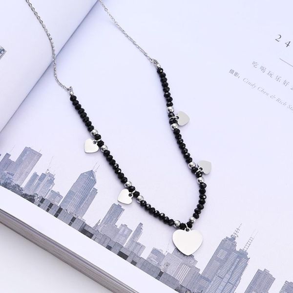 

new heart stainless steel necklace silver color black crystal beads chain woman necklaces vintage jewelry accessories party gift, Golden;silver