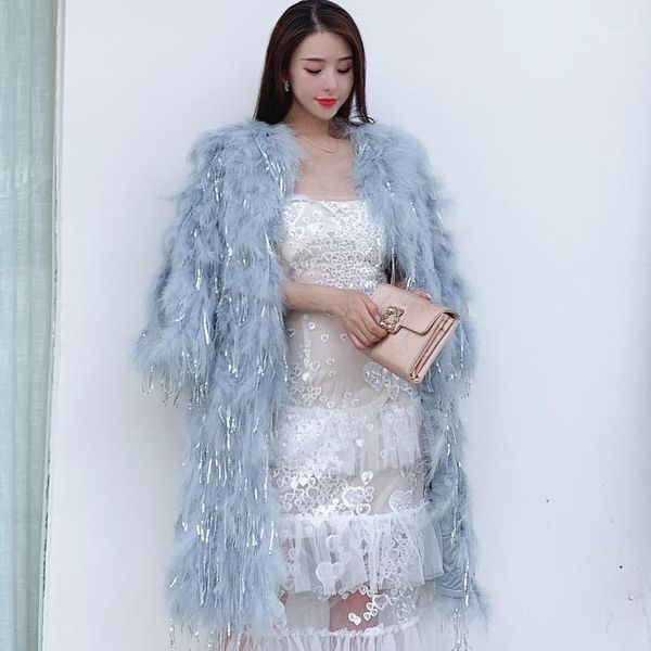 

2020 new blue color real ostrich fur coat tassel beaded sequin stitching feather coat women 's commuter1, Black