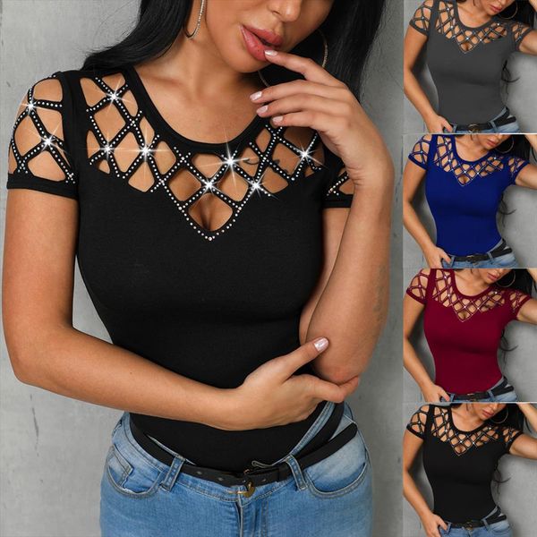 

fashion women hollow bling nail beading shirt o neck short sleeve casual elegant vintage poleras mujer n, White