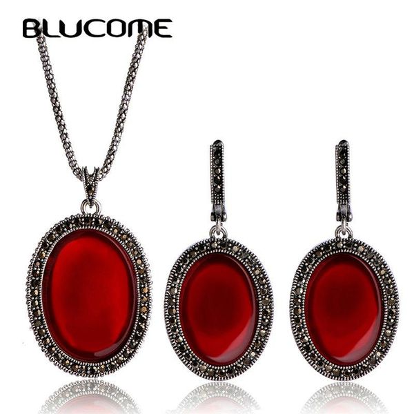 

blucome 2020 fashion turkey jewelry set oval red pendant necklace drop earrings sets resin women lady wedding party accessories, Silver