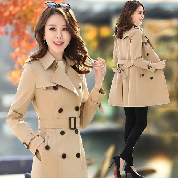 

autumn / winter 2020 new windbreaker women's medium length casual slim fit double breasted coat1, Tan;black