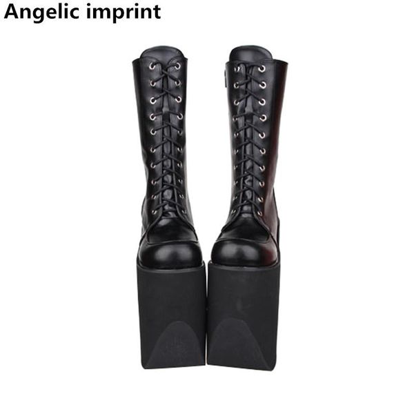 

angelic imprint mori girl women punk motorcycle boots lady lolita boots woman super high wedges heels pumps platform shoes 20cm, Black