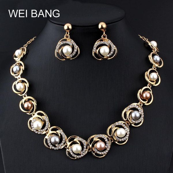 

earrings & necklace weibang african beads jewelry set costume simulated-pearl sets dubai gold color for women, Silver