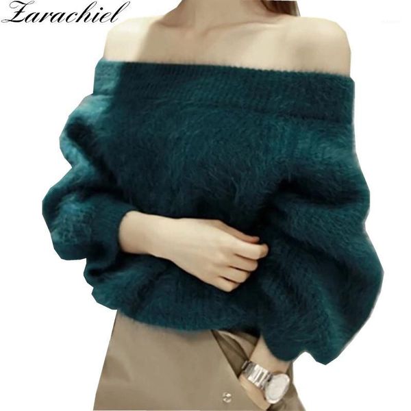 

zarachiel 2018 autumn winter women faux mink cashmere sweater off shoulder lantern sleeve knitting loose jumper pull femme1, White;black